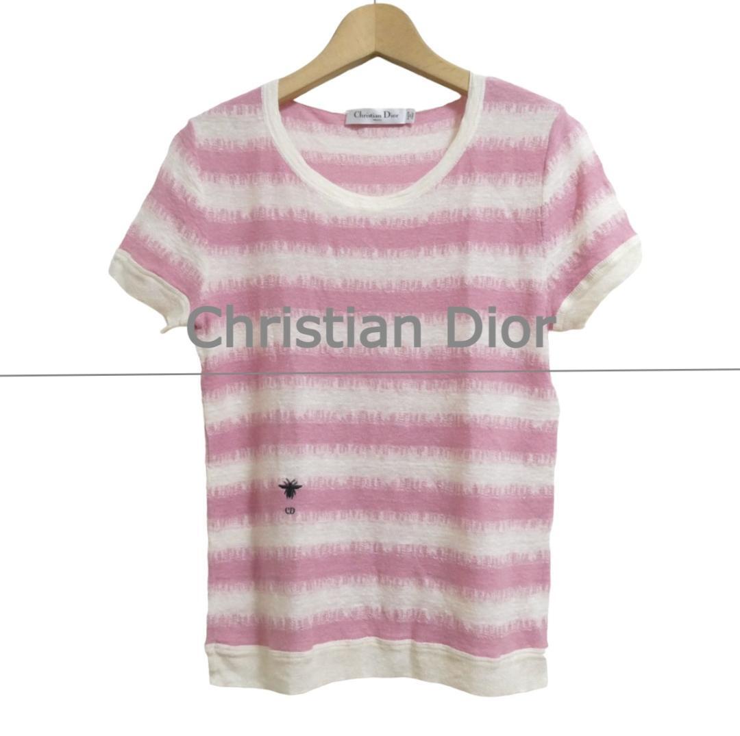美品 Christian Dior クリスチャンディオール BEEロゴ ボーダー柄 リネン カシミヤ シルク 半袖 ニット セーター ピンク オフホワイト拍卖