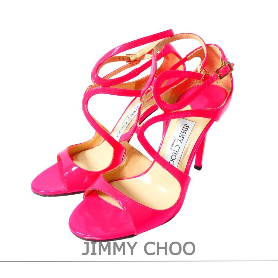 美品 JIMMY CHOO ジミーチュウ サイズ35 約22㎝ パテントレザー アンクルストラップ オープントゥ ハイヒール サンダル パンプス ピンク拍卖