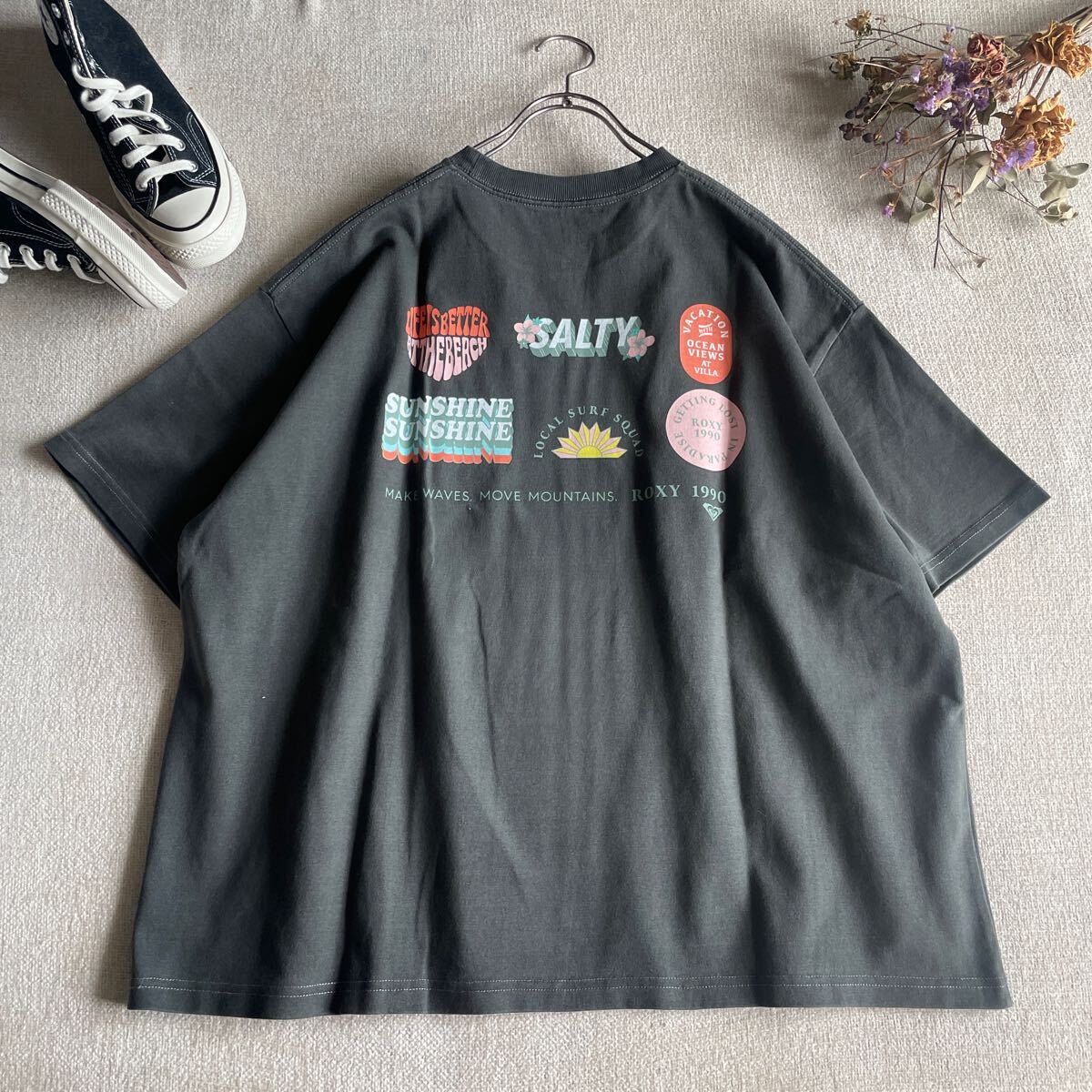 ROXY Tシャツ ビッグシルエット 半袖 レディースフリーサイズ バックプリント 限定 ロキシー カットソー 半袖Tシャツ ブラック拍卖