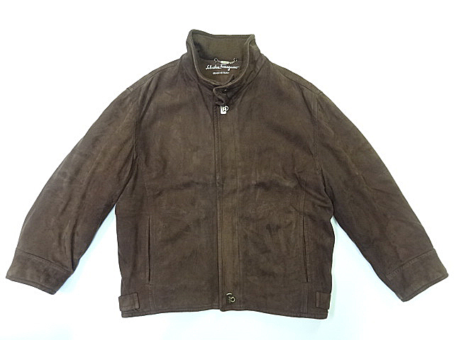 フェラガモ FERRAGAMO ヌバック スエード レザー ガンチーニ スタンドカラー ブルゾン ジャケット 革 ダークブラウン こげ茶 54 デザイン拍卖