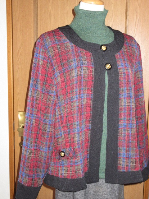 P)■日本製ブランド品■【ELEGANCE エレガンス】赤青緑黒の格子柄/縮緬■裾/袖口/ネック/前立て黒でポイント!カーデジャケット■詩仙堂風拍卖