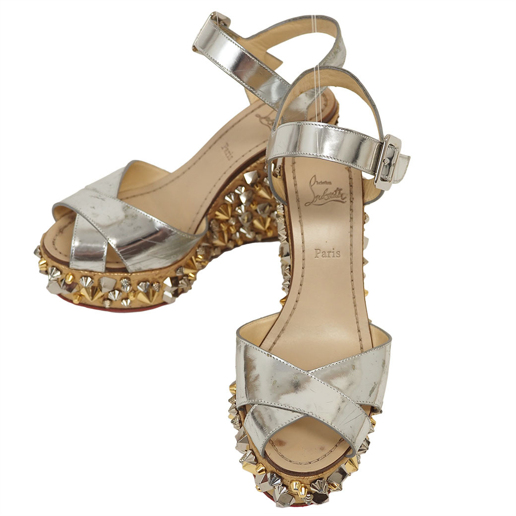 クリスチャンルブタン スタッズ ウエッジソール サンダル シルバー レディース レザー 35(22cm位) Christian Louboutin 中古拍卖