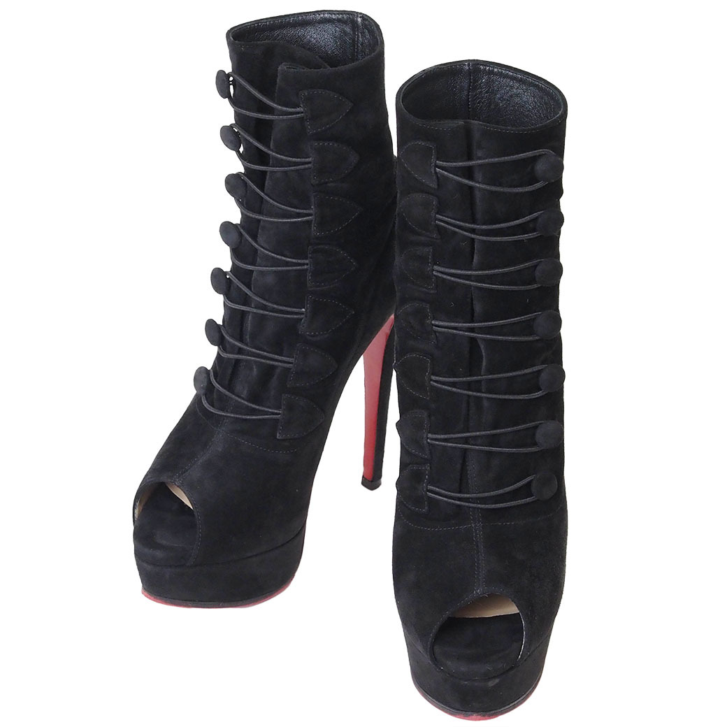 クリスチャンルブタン アンクルブーツ オープントゥ スエード プラットフォーム ボタン ブラック レディース Christian Louboutin 中古拍卖