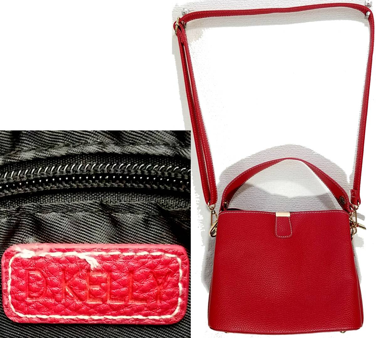 送料920円~ D.KELLY 2WAYショルダーバッグ レッド×ゴールド金具 斜め掛け 肩掛け ハンドバッグ赤 2ウェイバッグ レディース ディーケリー拍卖