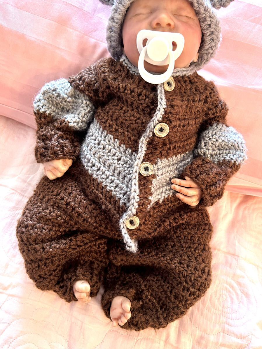 46cmドール向け長袖ロンパース ブラウン グレー リボーンドール ハンドメイド拍卖