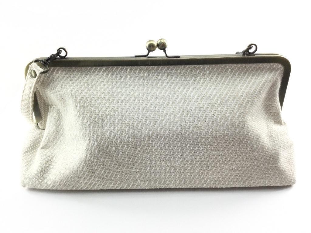 がま口専門店が作った横長がま口バッグ 日本製 京都 ツイード素材 ホワイト拍卖