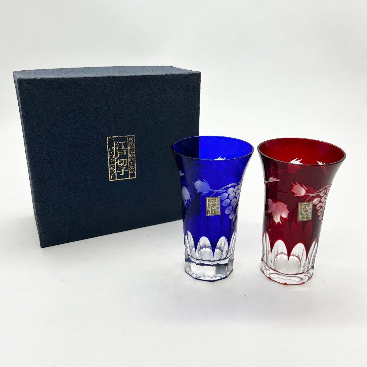 ◎L751【未使用】 伝統工芸 江戸切子 グラス 色被せ硝子切子 KS-175-9 藍 箱付き HIROTA GLASS アンティーク(ma)拍卖