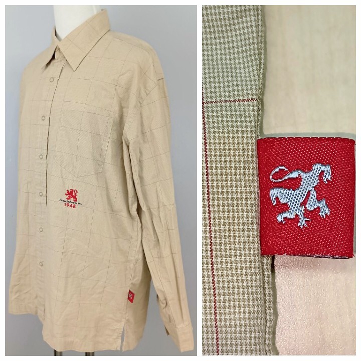 2409015 VAN JAC ヴァンヂャケット 刺繍 タグ 獅子 チェック柄 スナップボタン 長袖シャツ くすみ薄茶系×赤 古着 トップス アメカジ EN-25拍卖