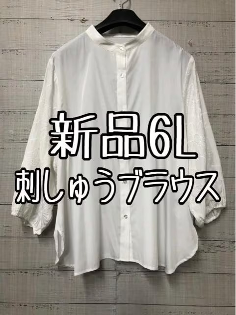 新品☆6L♪白系♪袖の刺しゅうがキレイなてろんとブラウス♪☆s612拍卖