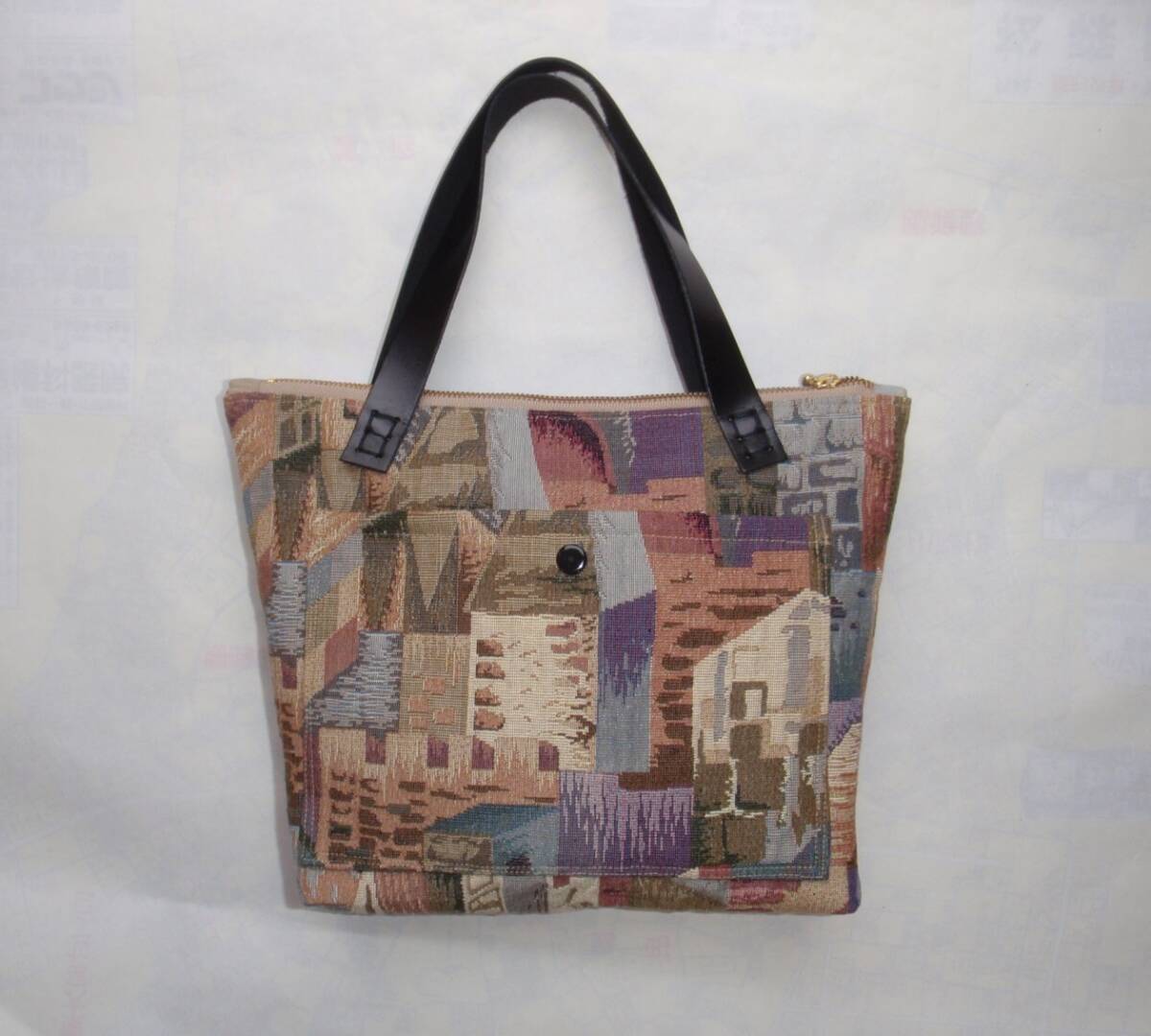 ゴブラン織り トートバッグ 持ち手本革(牛)黒 ハンドメイド拍卖