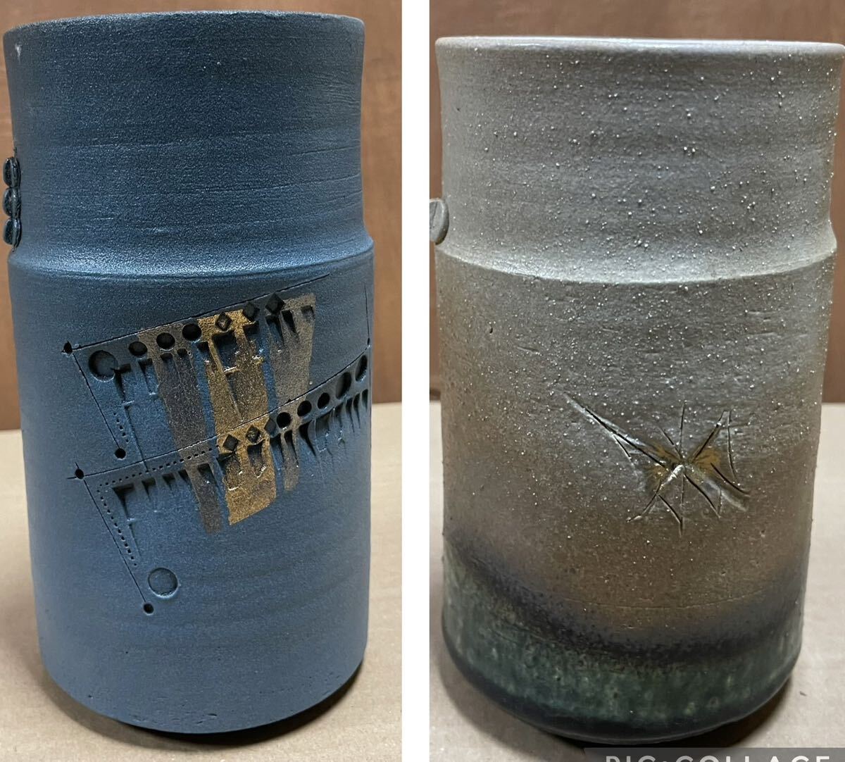 1個、加藤令吉作 背戸窯 幻青彩 花入、2個 蔵くら 加藤しょう花器 花瓶 骨董 古玩 レトロ アンティーク 2個セット拍卖