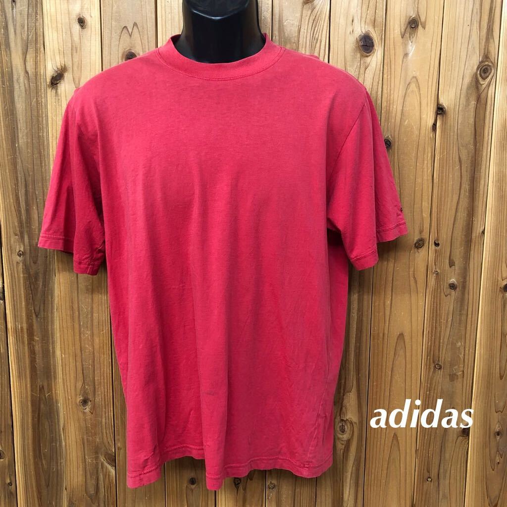 90's /adidas /アディダス メンズL 半袖Tシャツ トップス ワンポイント ロゴプリント 赤 無地 コットン100% スポーツ ビンテージ古着拍卖