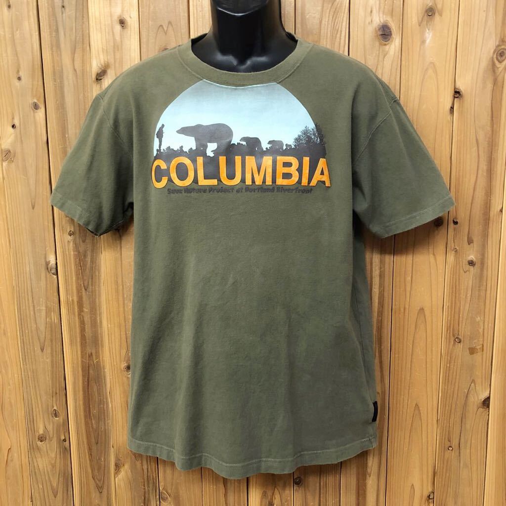 Columbia /コロンビア /メンズXL 半袖Tシャツ ビッグロゴ プリントTシャツ カーキ アニマル コットン アウトドア アメカジ USA古着拍卖
