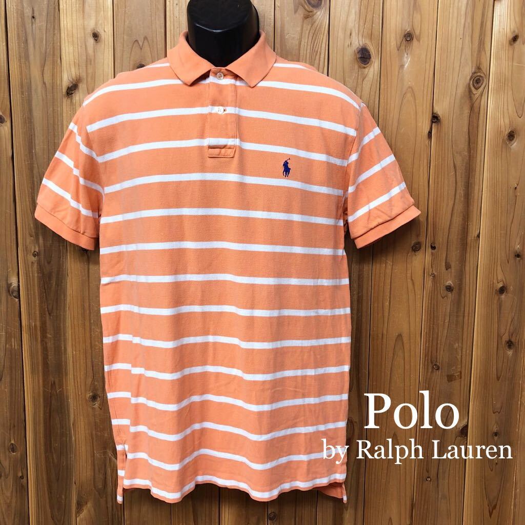 Polo by Ralph Lauren /ポロ ラルフローレン メンズL 半袖 ポロシャツ トップス ボーダー ポニー刺繍 鹿の子 オレンジ系 アメカジ USA古着拍卖
