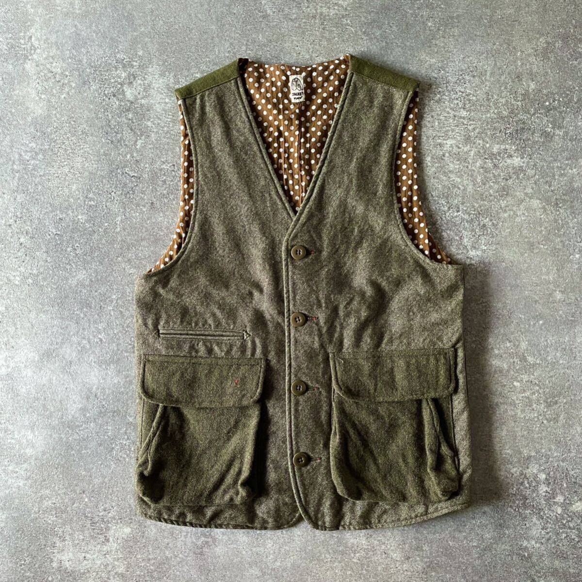 美品 KATO カトー シンチバック コットンウール 切替 ベスト メンズ(S) 立体ポケット 水玉裏地 尾錠拍卖