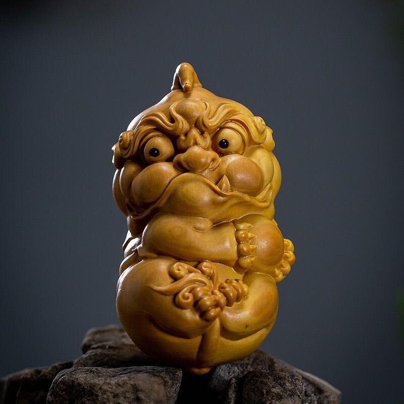 黄金檀木彫り彫刻 神獣 可愛いヒキュウ オブジェ お守り 置物 仏教工芸 高さ6cm拍卖