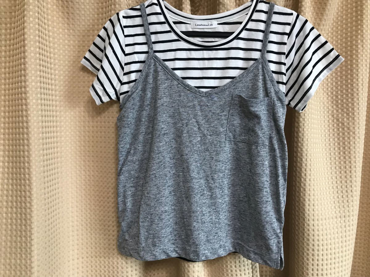 ★重ね着グレー系キャミ付きボーダーTシャツ★M拍卖