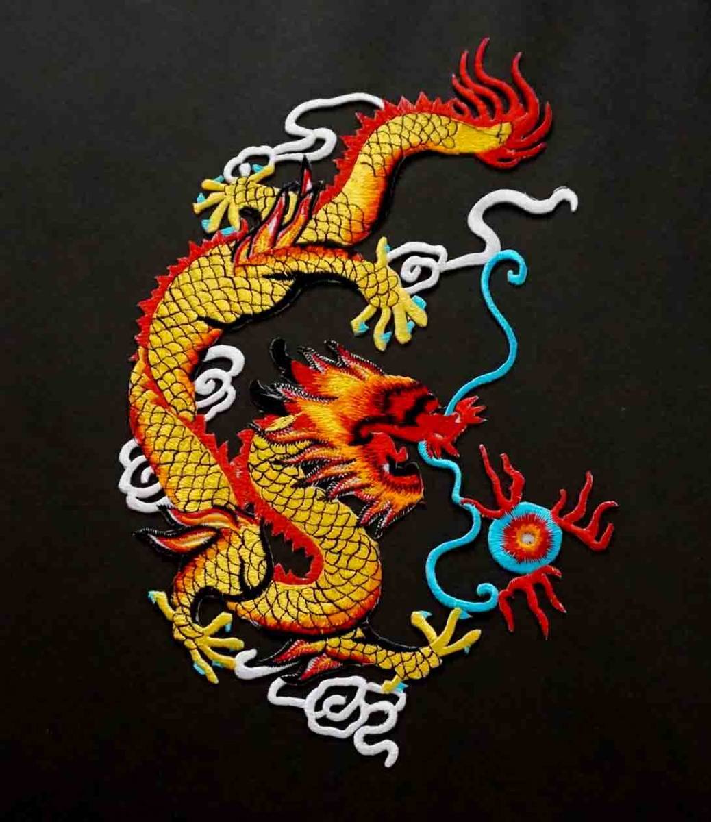 大型■■『右行古代彩色黄龍』圧着■レトロデザイン ◆新品DRAGON ラストエンペラー ドラゴン刺繍ワッペン◇アート 芸術 美術 ■■開運拍卖