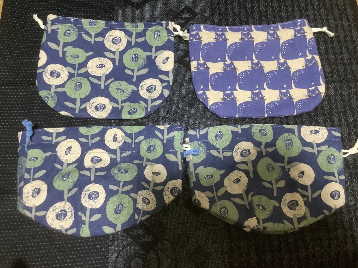 4個 ハンドメイド 巾着 / 綿麻キャンバス 小物入れ / 猫 花柄 巾着袋 拍卖