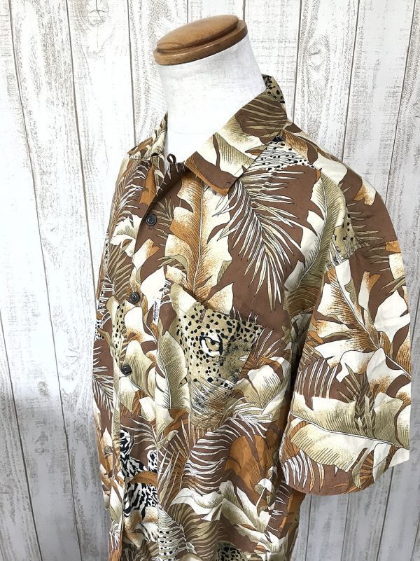 お勧め・【アニマル柄シャツ】MIKE BIRNIES レオパード ボタニカル 半袖シャツ 茶 M拍卖