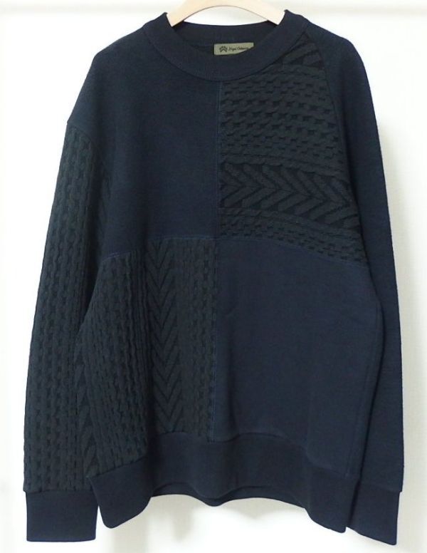 18AW Nigel Cabourn ナイジェルケーボン FISHERMAN CREW NECK フィッシャーマン クルーネック 異素材 ニット切替 スウェット 52 紺拍卖