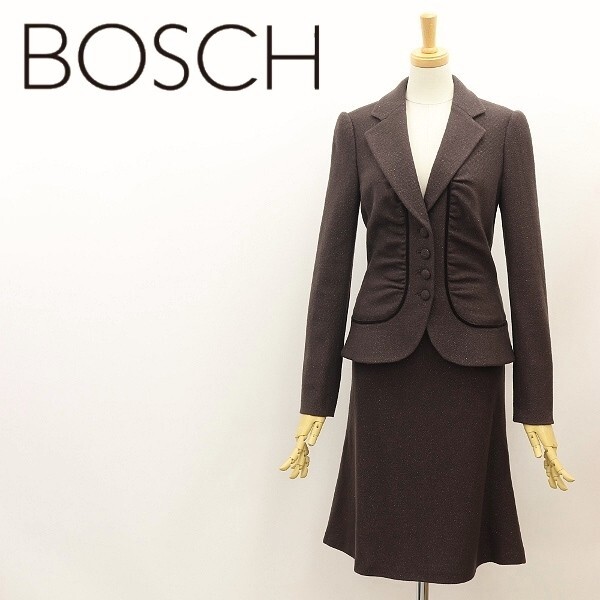 美品◆BOSCH ボッシュ ラメ混 ギャザー ウール ジャケット&スカート スーツ セットアップ ダークブラウン 38/36拍卖