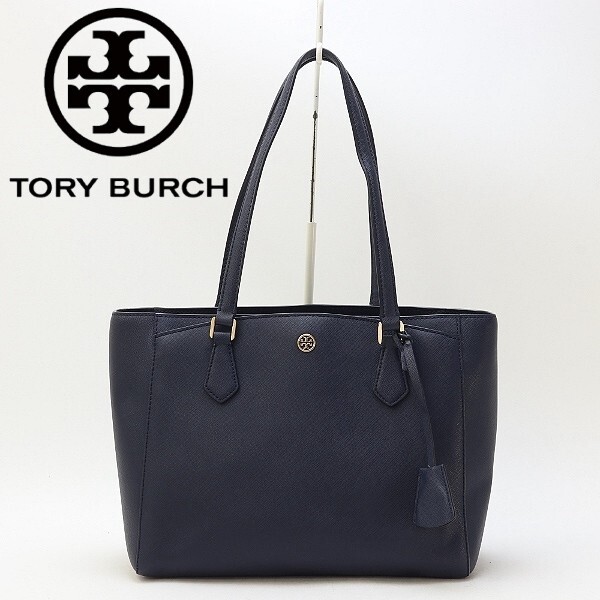 ◆TORY BURCH トリーバーチ レザー ロゴ金具 肩掛け ショルダー トート バッグ 紺 ネイビー拍卖