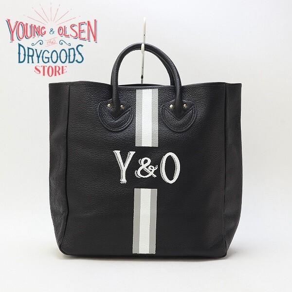 新品◆YOUNG&OLSEN ヤング&オルセン EL PRINTED TOTE M レザー ロゴプリント トート バッグ 黒 ブラック拍卖