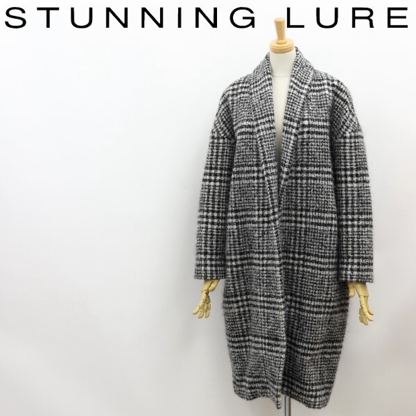 ◆STUNNING LURE スタニング ルアー アルパカ&モヘヤ混 チェック柄 ボタンレス ショールカラー コート 黒 ブラック×ホワイト 1拍卖