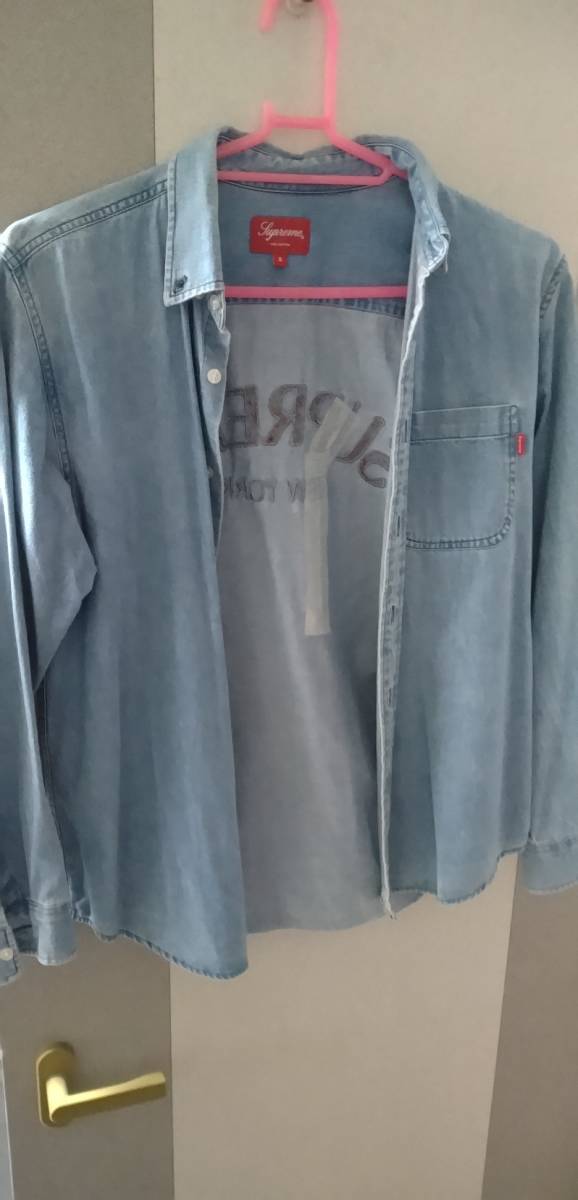 SUPREME denim classic logo shirt シュプリーム デニム シャツ クラシック ロゴ 背中 刺繍 S リペア拍卖