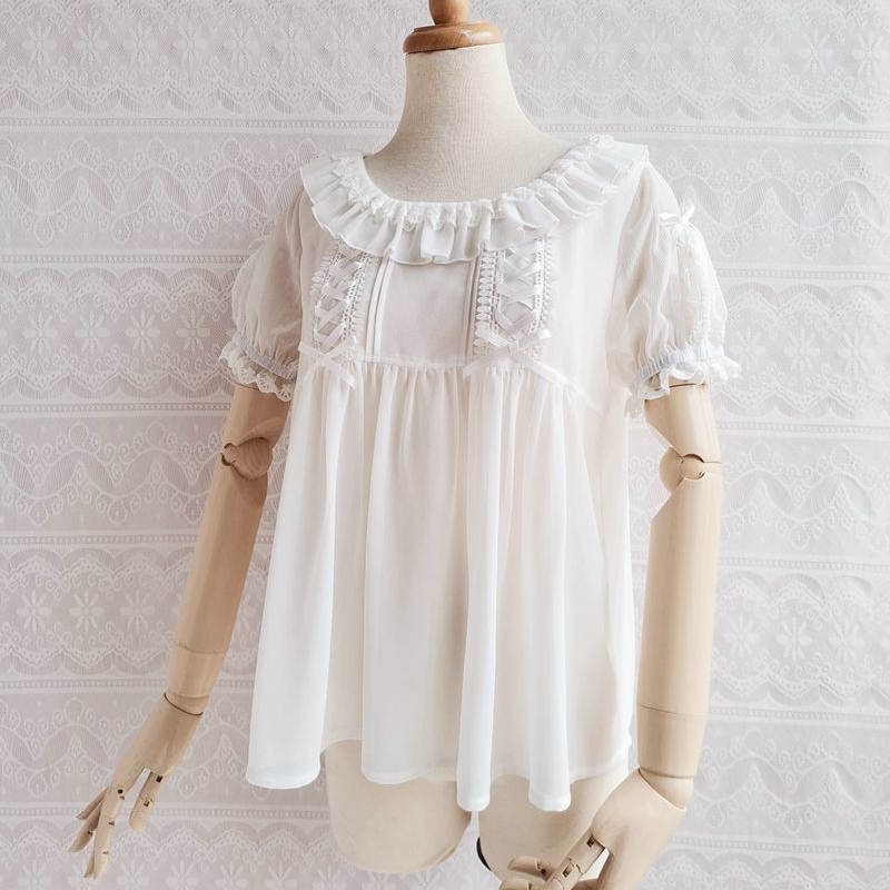ブラウス ロリータ 半袖 春 夏 レディース ゆめかわいい ロリィタ シフォン レース コーディネート 着回し 可愛い リボン フリル ホワイト拍卖