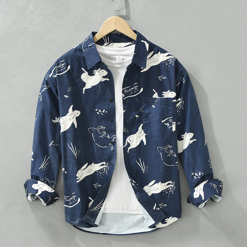 長袖シャツ メンズ 総柄 シャツ 兎柄 ワークシャツ ヴィンテージ 柔らか メンズシャツ トップス 新品【M6699】ブルー【M-3XL選択】拍卖