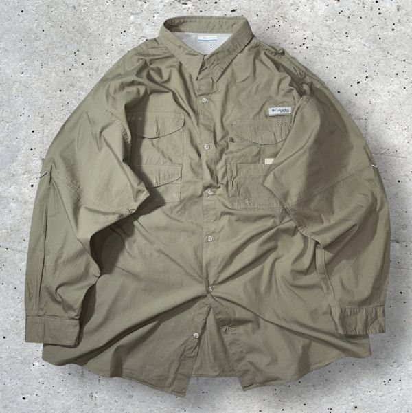 ★超BIG★Columbia PFG フィッシング 長袖BDシャツ sizeXXL カーキ系 ピスネーム ベンチレーション コロンビア クリーニング プレス済み拍卖