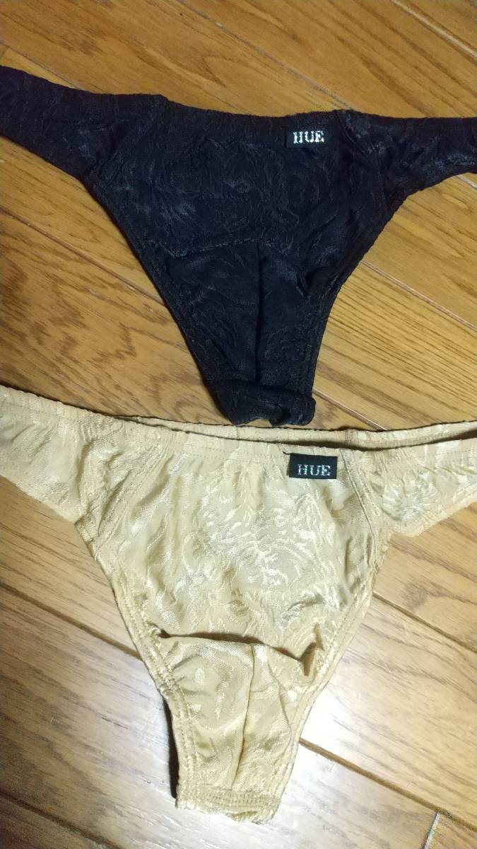 Mサイズ!2枚セット!ブランド品!レナウン!HUE!男!際立つ!ゴールド!and黒!色合い!光沢サラっとソフト素材ストレッチ!Tバックブリーフ!拍卖