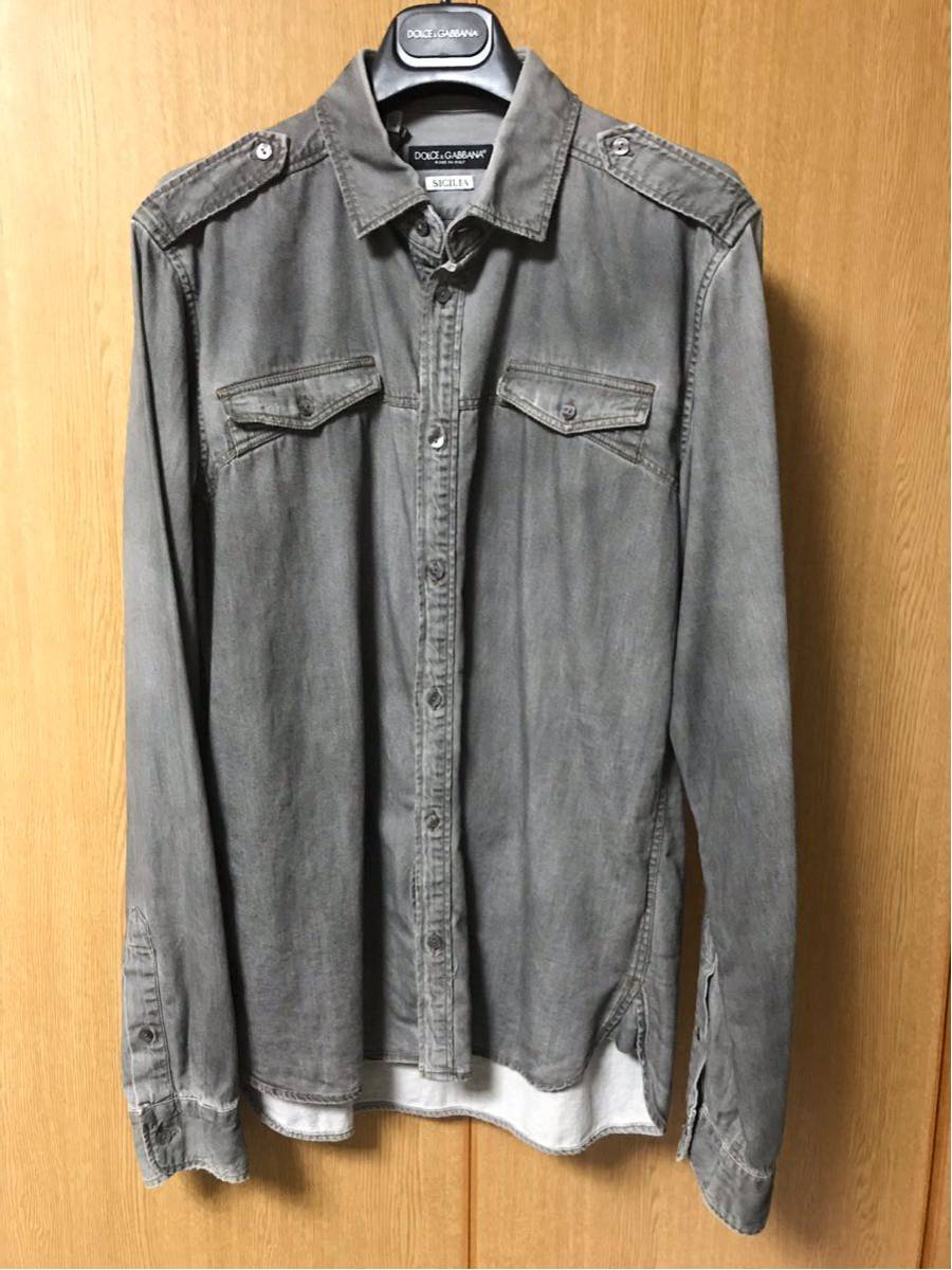 新品 DG 12ss シチリア ミリタリー デニムシャツ 肩章 デザインポケットモデル DOLCE&GABBANA ドルガバ 39激レアモデル拍卖