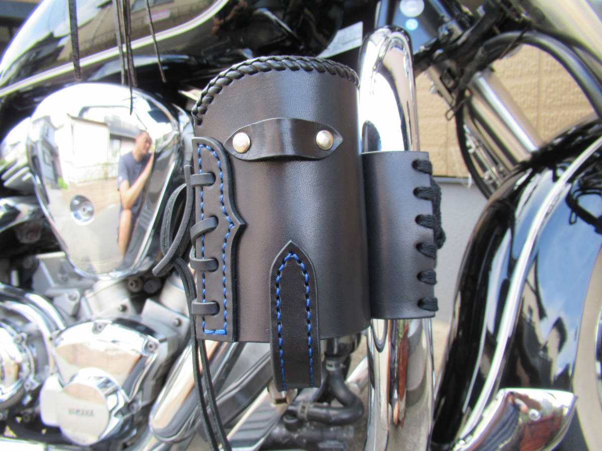 栃木レザー製 サドルレザーブラック ドリンクホルダー(青糸) ハーレー アメリカン バイク拍卖
