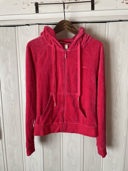 ◆adidas/アディダス/ピンクのベロアフードジップアップパーカージャケット◆sp拍卖