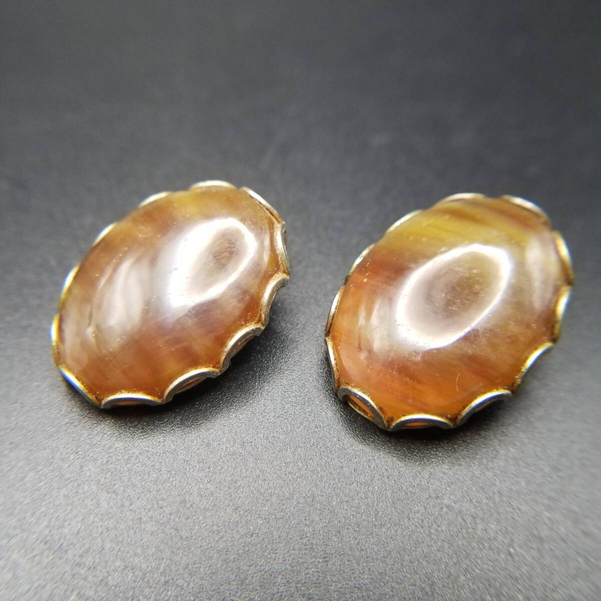 ブラウン瑪瑙 オーバル カボション ヴィンテージ クリップ イヤリング シンプル 上品な存在感 秋色 季節感 Y18-W拍卖