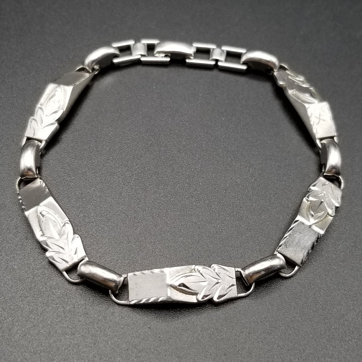リーフ 葉っぱ 彫刻 バーチェーン リンク 925 シルバー ヴィンテージ フローラル ブレスレット 銀 フェミニン Y19-D拍卖