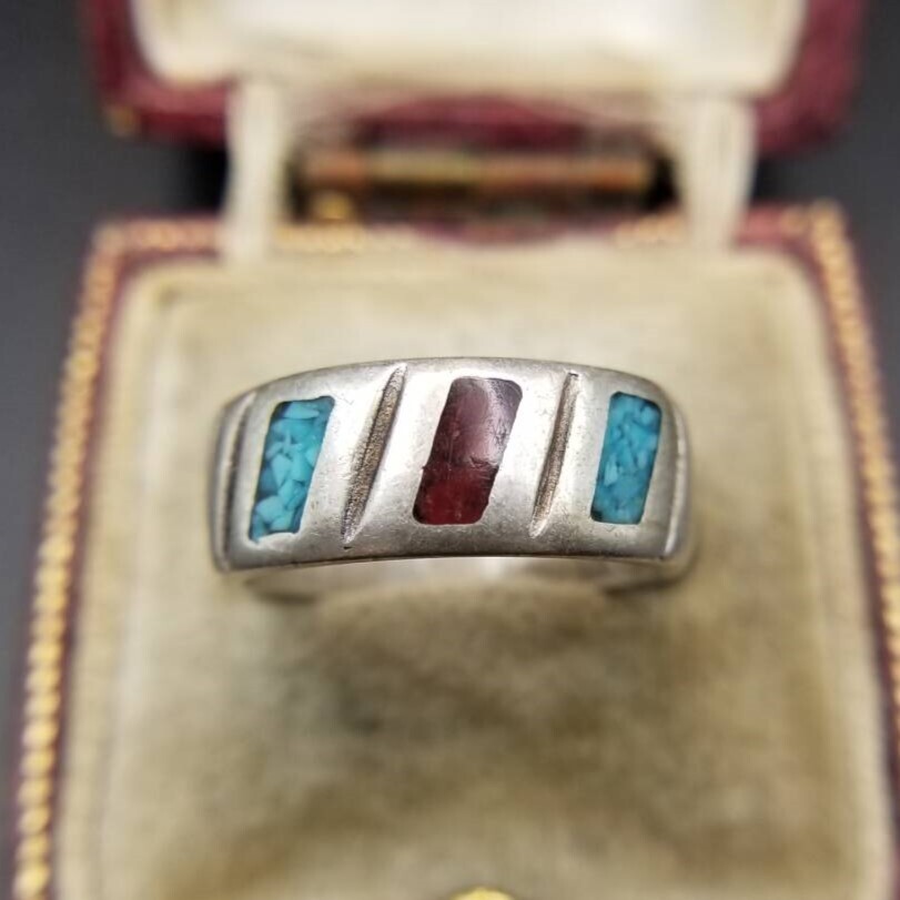 クラッシュターコイズ インレイ 斜めカット 925 シルバー ヴィンテージ バンド リング 中太 銀 指輪 サウスウェスタンジュエリー Y19-C拍卖
