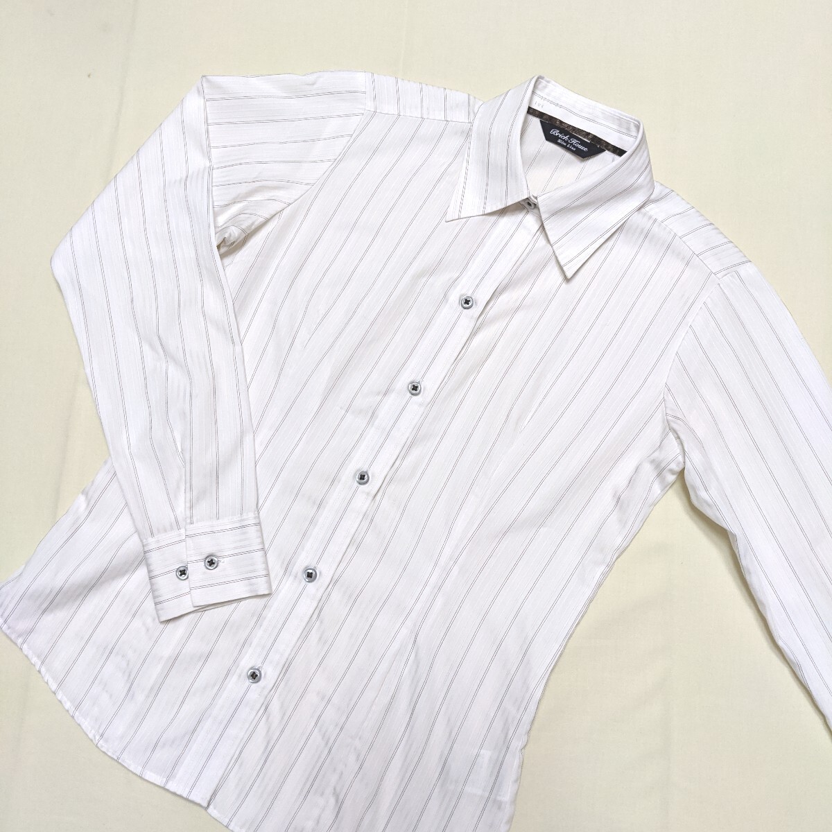 ☆FI26 BRICK HOUSE ブリックハウス フォーマル レディース S 長袖 シャツ ブラウス 白 ストライプ スリム ビジネス セレモニー拍卖