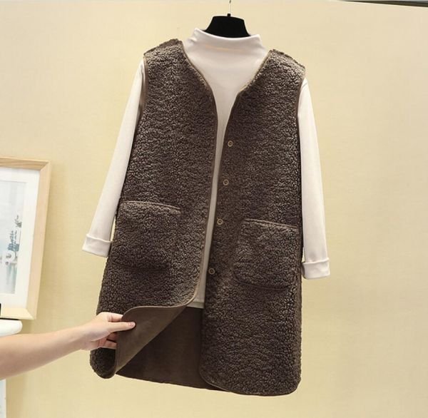 cjx1872★秋冬 20304050代 上質大きいサイズアウター ボアベスト フェイクファーベスト ファー コート レディースロングベスト*コーヒー色拍卖