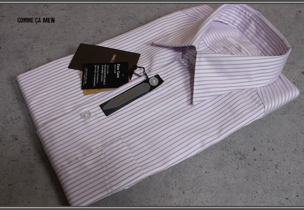 新品 コムサメン 形態安定 80番双糸 NEW ストライプ柄 ドレスシャツ S/ラベンダー/定価1.6万円/COMME CA MEN拍卖