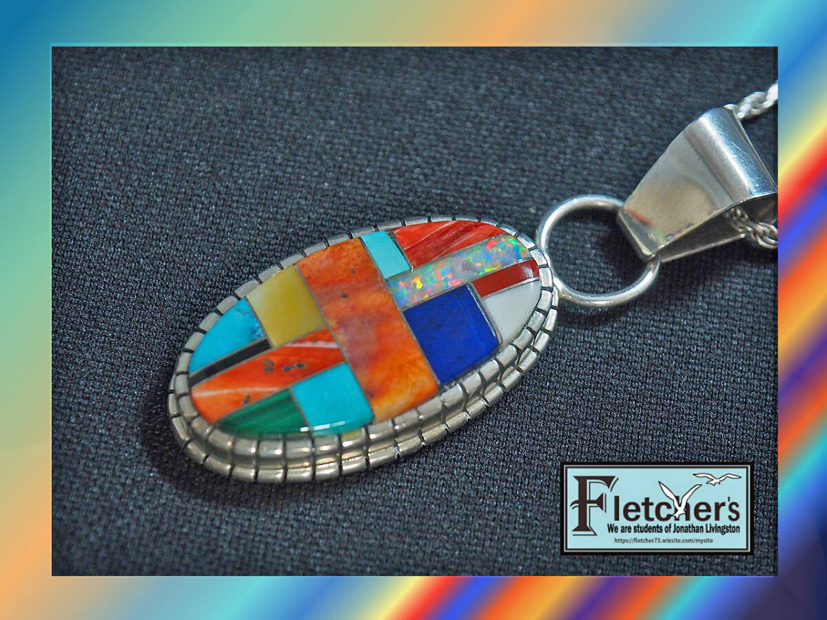 インディアンジュエリー ナバホ族作家作 マルチストーン&シルバーペンダント 西海岸スタイル ネイティブアクセサリー g92拍卖