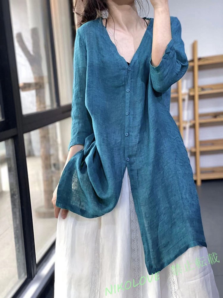 新品 夏シャツ レディース ブラウス トップス きれいめ 綿麻 ロングシャツ 無地 トップス 薄手 日焼け カーディガン ブルー LG953拍卖