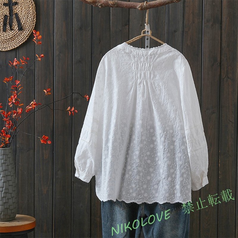 新品カジュアル 可愛い レース 綿 花柄 フリル ゆったり大きいサイズ 長袖 シャツブラウス トップス 白 LH173拍卖