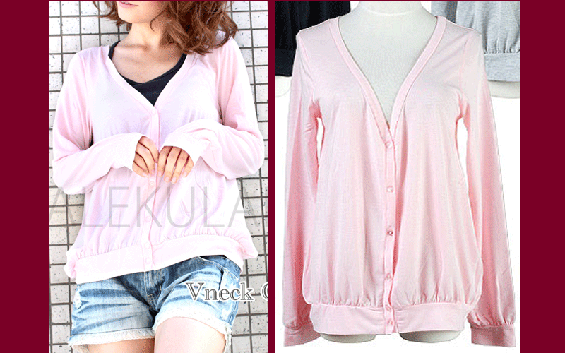 【新品・Mサイズ】 ピンクの長袖Vカーディガン拍卖