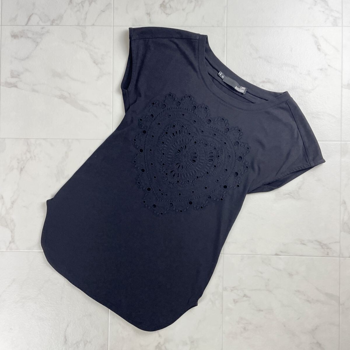 美品 Love Moschino ラブ・モスキーノ ハート 刺繍 レース デザインチュニック トップス レディース 黒 ブラック サイズS*SC1365拍卖