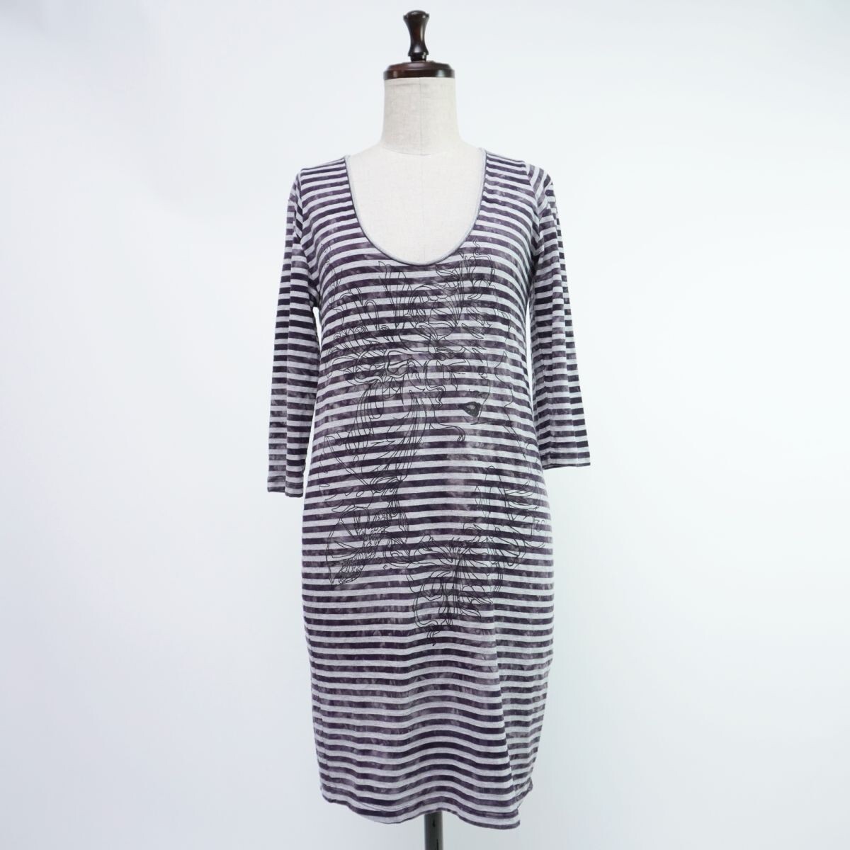 美品 DIESEL ディーゼル ボーダー柄 タイダイ柄 イラストプリントタイトワンピース ミニ丈 裏地無し レディース グレー 黒 サイズXS*SC1344拍卖