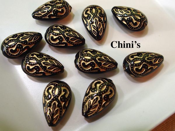 即決! 10個 ドロップビーズ 黒 11×18mm チェコ風☆アクリルアンティーク調ビーズ拍卖